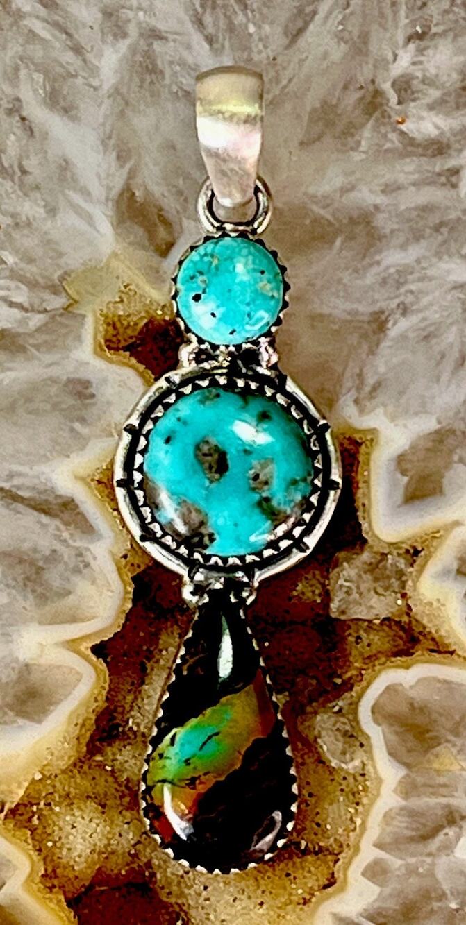 Black Jack & Kingman Turquoise Sterling Silver Triple Stone Pendant Southwestern
